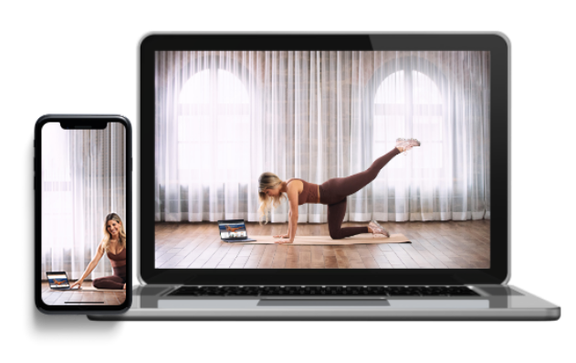 A computer and iphone showing the A Sculpt Body home workouts
